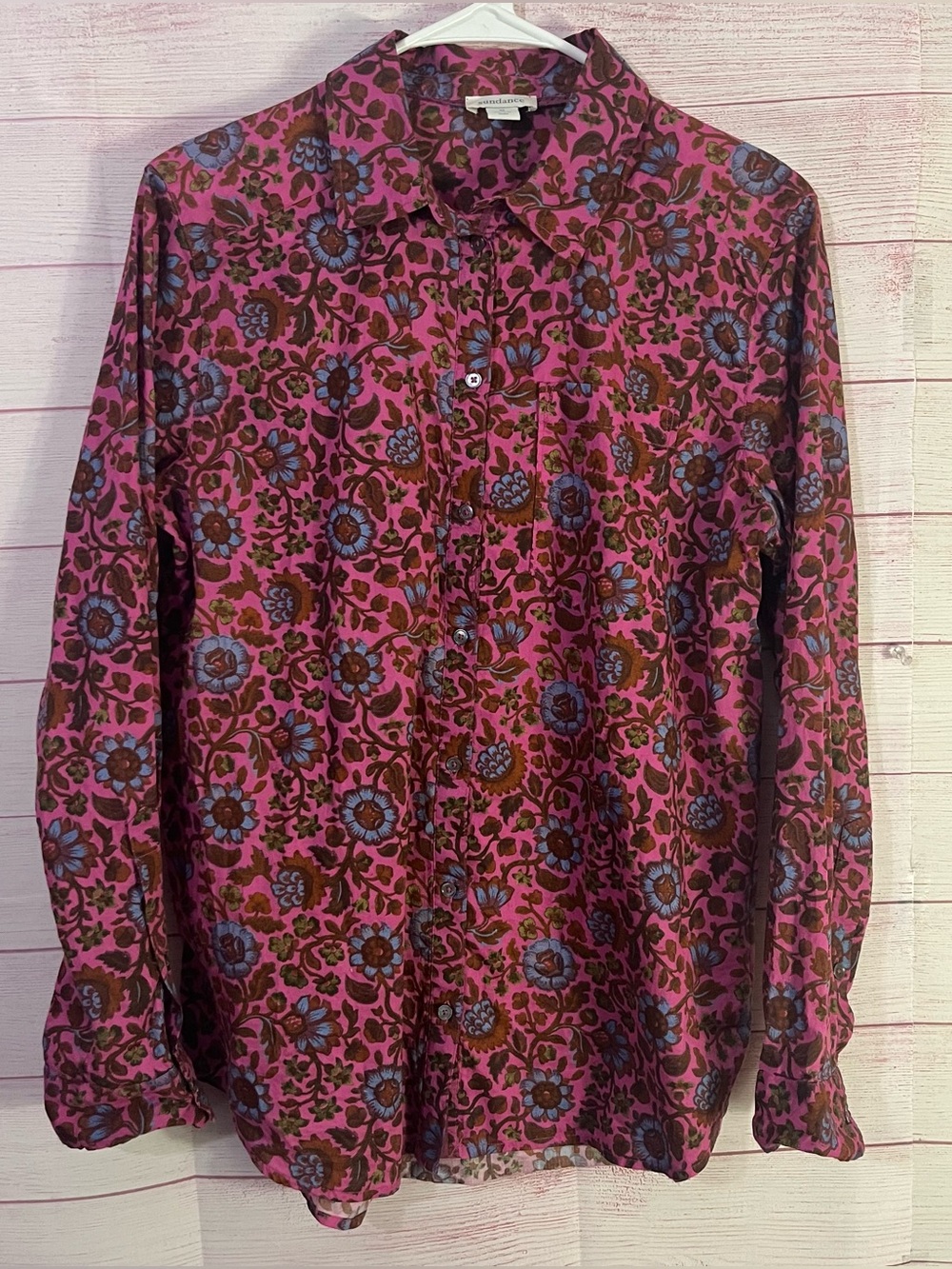 Sundance 100% Cotton Floral Front Button Up Long Sleeve Shirt Size Medium